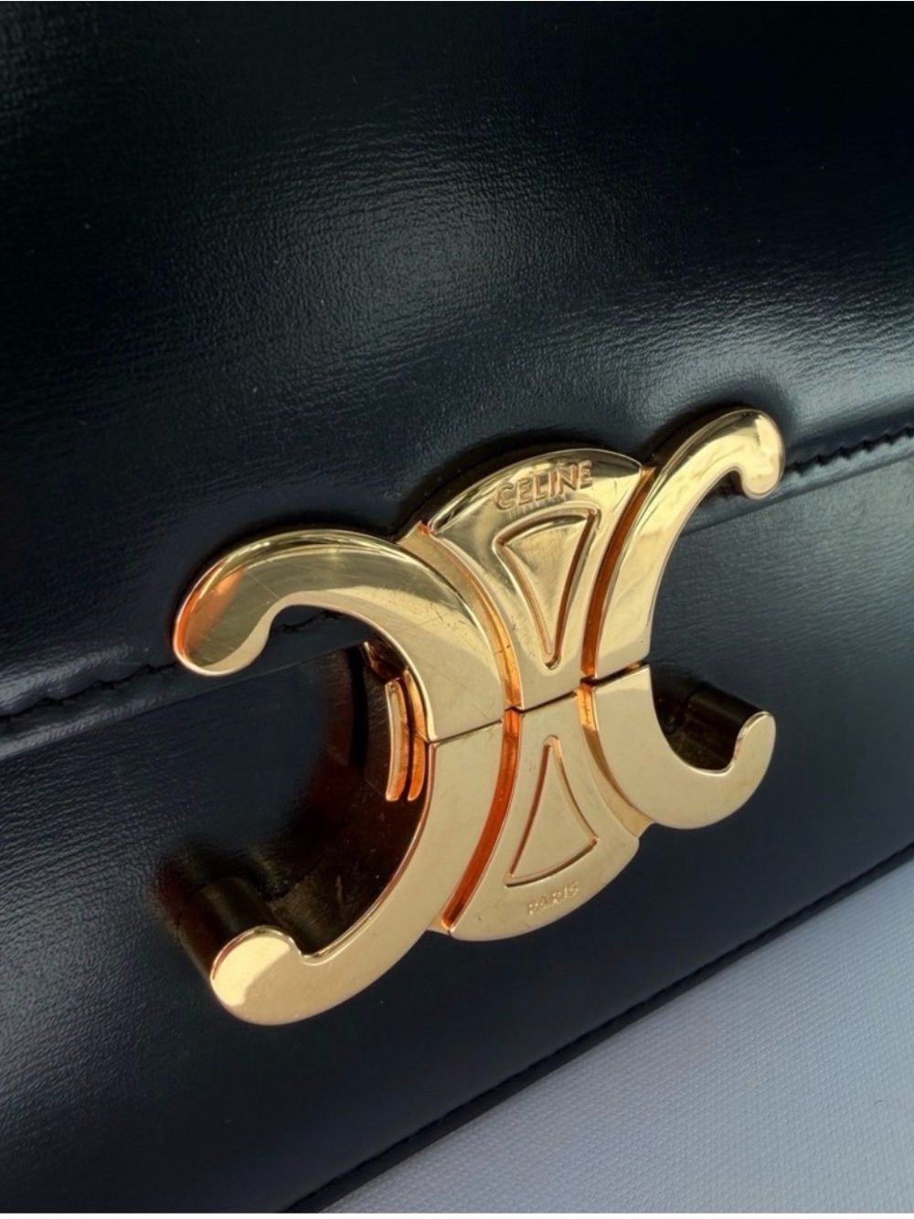 Celine Black Leather Triomphe Shoulder Crossbody with Gold Emblem - Picture 2 of 8